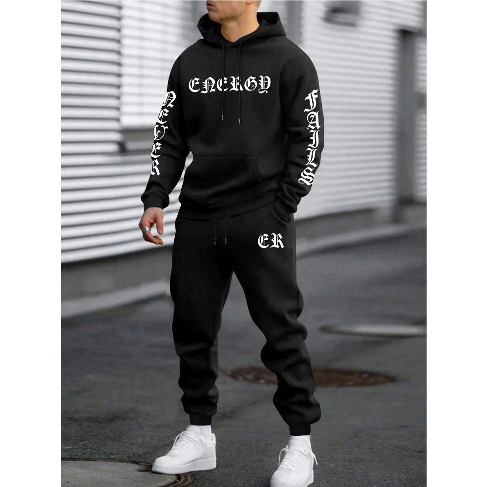 

Casual Men s Fashionable Letter Printed Sportswear and Pants Set, Suitable for Autumn and Winter Outdoor Activities and Daily Wear XXL