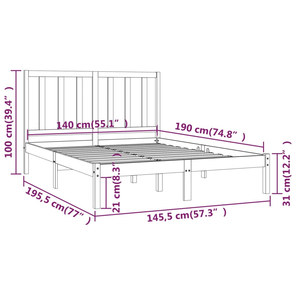 Solid Wood Bed Frame In Black Pine 140 X 190 Cm