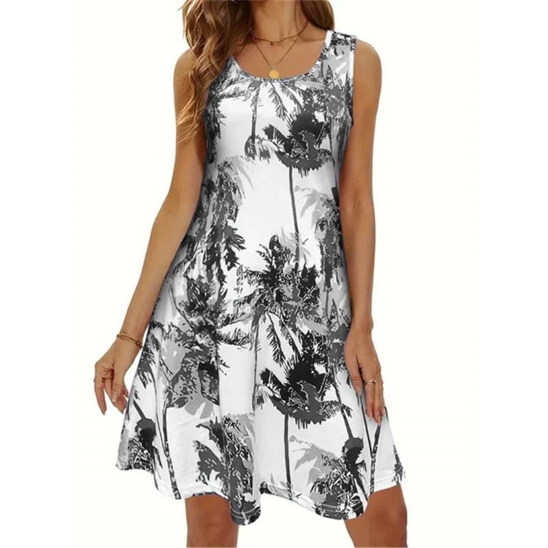 Plants And Flower Buds Pattern Women Mini Dresses Summer Sleeveless O-Neck