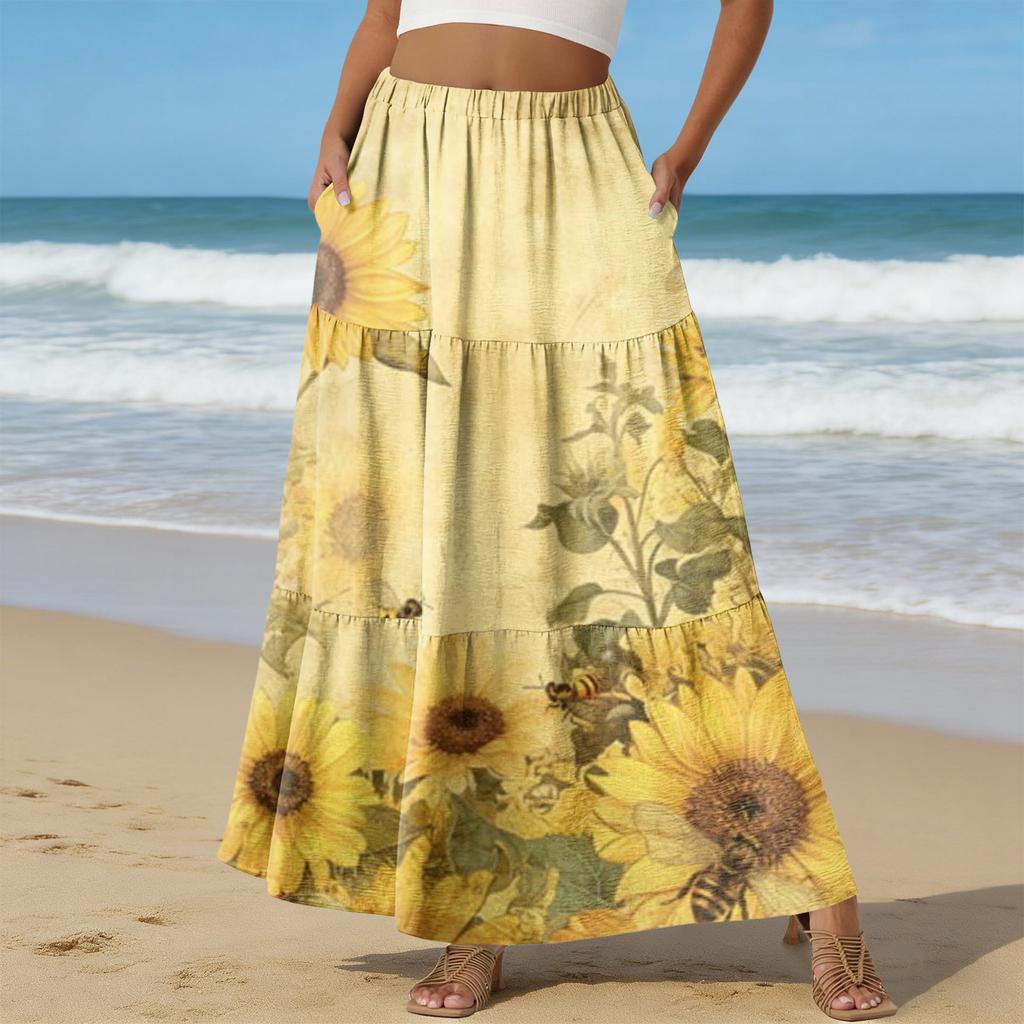 Women's Casual High Waist Drawstring A-line Skirt Color Skirt With Pockets