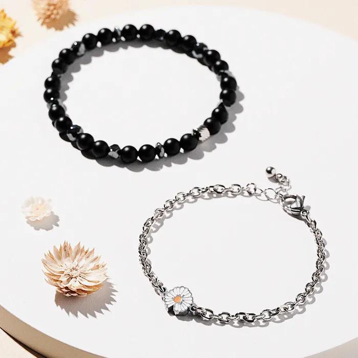6 Black Seahorse Mix 737 Daisy Pendant Chain 797 Bracelet Set (C2503-SE446_BK)