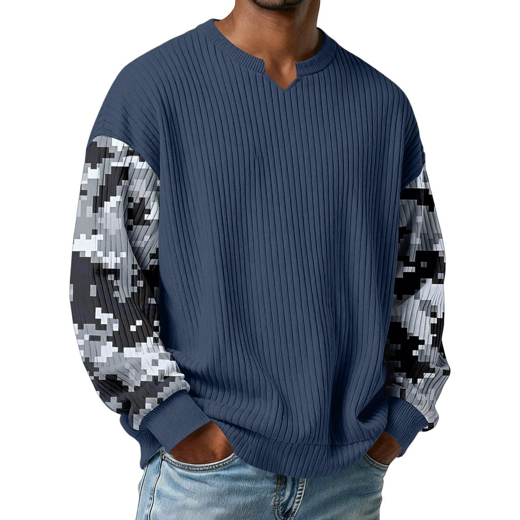 Men's Camouflage Stylish V-Neck Ribbed Textured Long-Sleeve T-Shirt