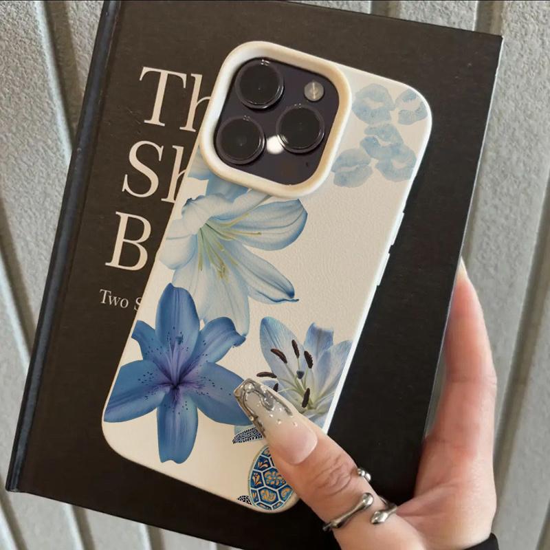 

Blue Elegant Lily Flower Design White Lychee Pattern And Turtle Lip Prints for iPhone 17 16 Pro Max 14 15 13 Pro 12/11 Case For iPhone 11