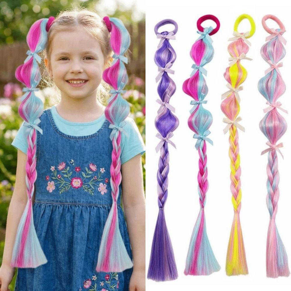 2Pcs Colorful Lantern Gourd Twist Bubble Braids Synthetic Girls Bow Wig Hairbands  Daily