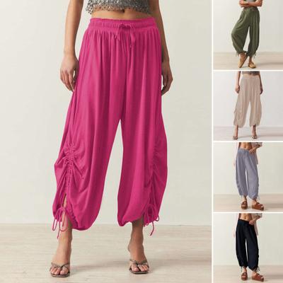 Women Bloomers High-Drape Side Shirring Wide Leg Pants with Elastic Waistband Adjustable Drawstring Pure Color