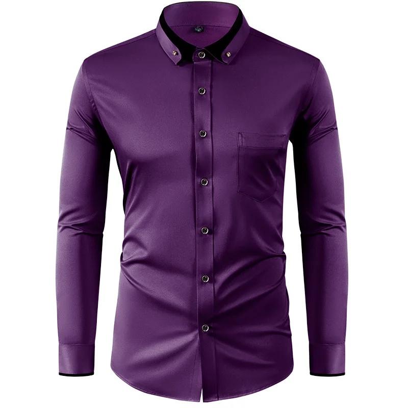 Elastic Shirt Men's Long Sleeved Diamond Buckle Contrasting Collar Design Solid Color Slim Fit Men's Shirt Men's Clothing