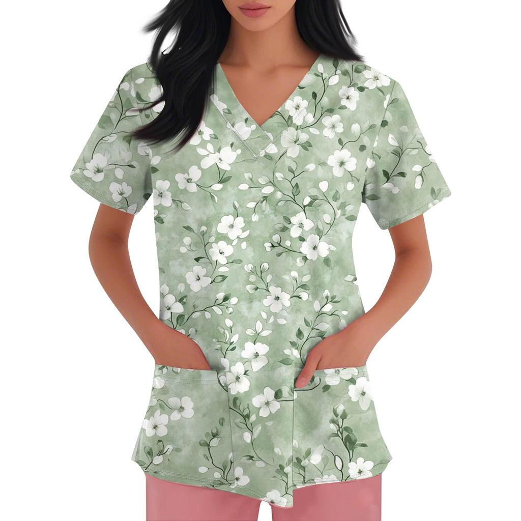 Women's Fashion Printed  Short Sleeve Care Workwear With Double Pockets Top