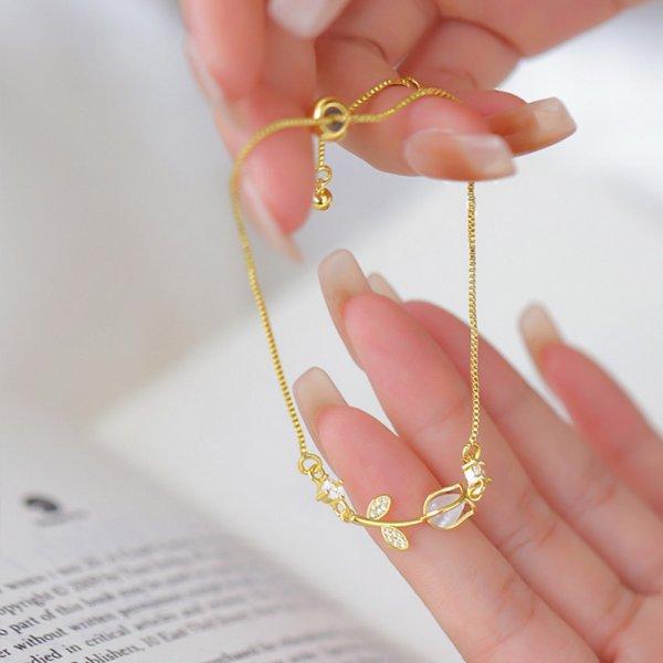 Light Luxury Zircon Tulip Flower Clavicle Chain Necklace for Women Elegant Brass Pendant Bracelet Fashion Party Jewelry Gift