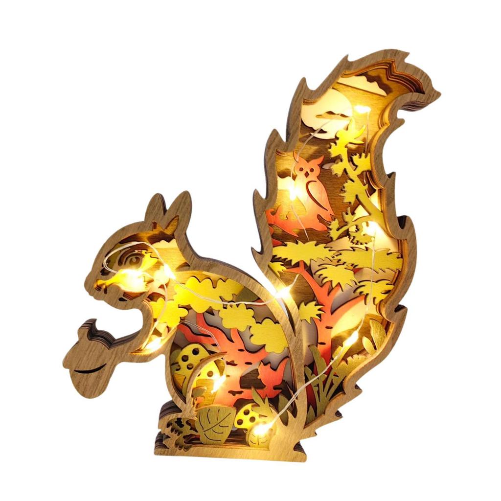 3D Wood Carving Squirrel Lamp Sturdy Creative Cute Delicate Hollow Squirrel Decoration for Gift Bookshelf Office Friend Birthday