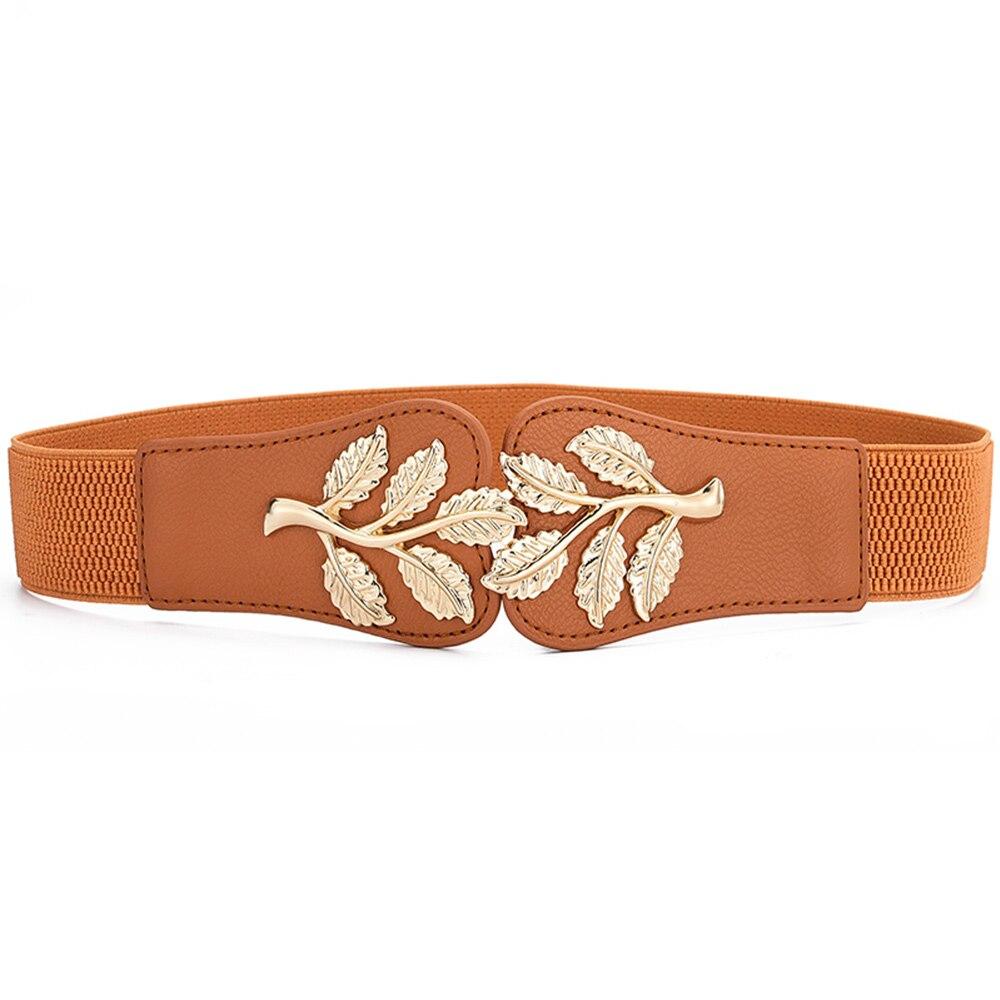 Women's Waist Cover Fashionable Gold Leaf Elastic Waist Closure With Double Hook Buckle Wide Belt Paired With Skirt Women Belt