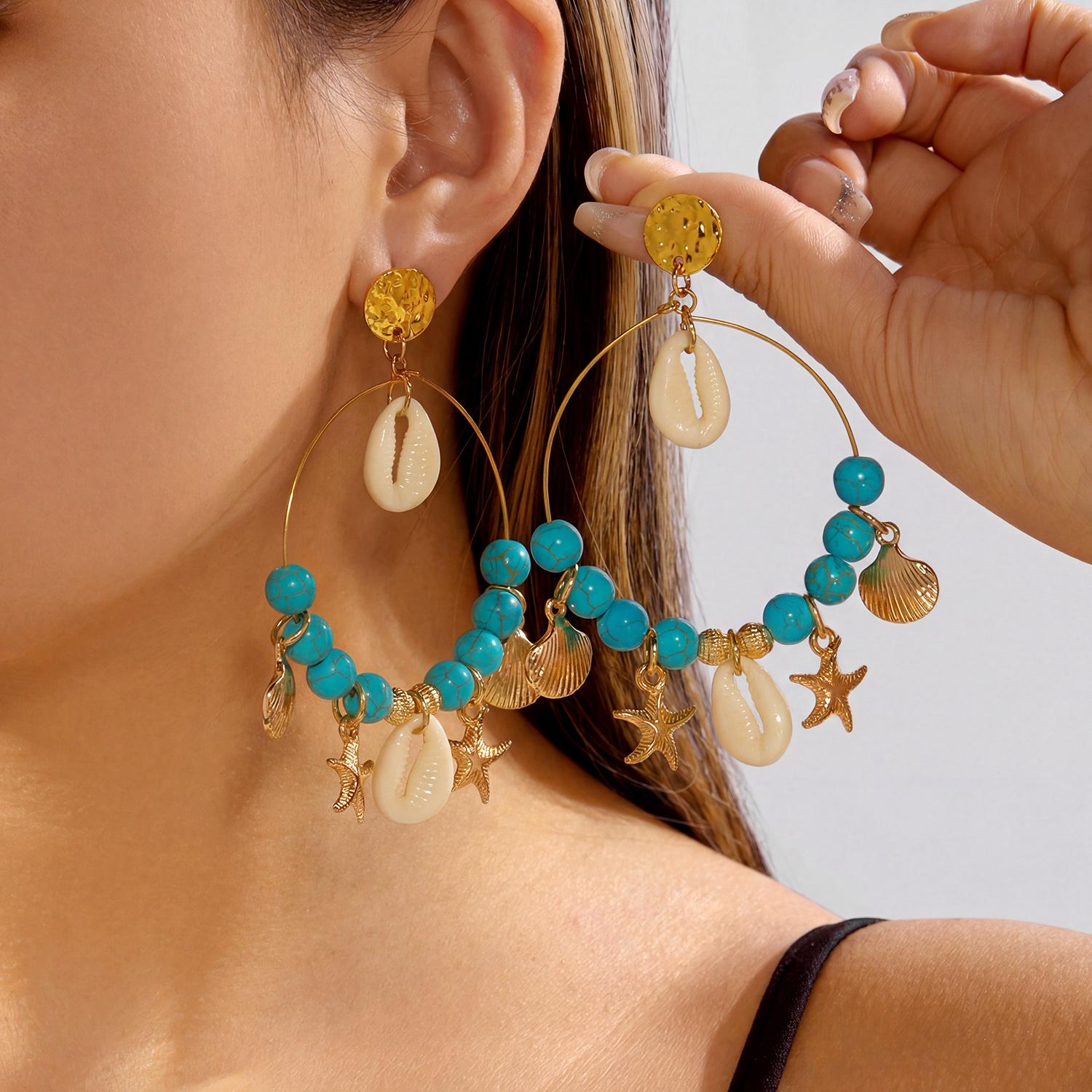 

Bohemian Shell Starfish Turquoise Bead Large Hoop Earrings for Women Metal Conch Seashell Circle Dangle Earring Vacation Jewelry