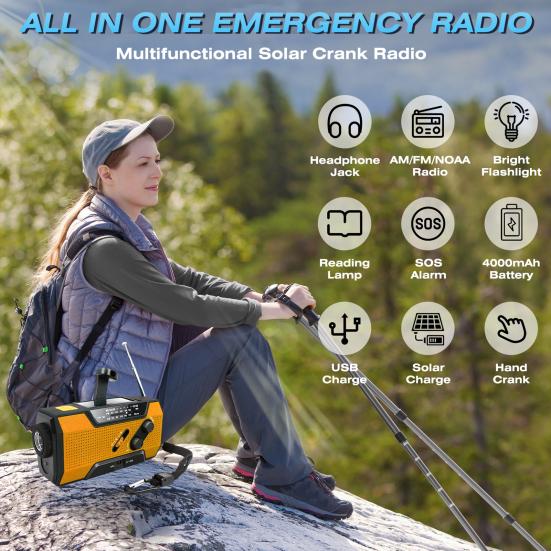 Emergency Crank Weather Solar Panel NOAA/FM/AM Radio with Portable Survival Radio Large Decibel
