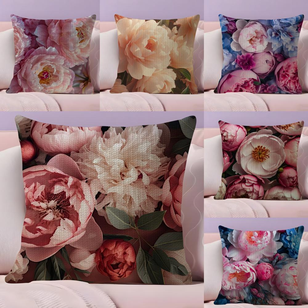 Hot Peony Cushion Cover Natural Linen Organic Fabric DoubleSided Printing Sofa Home Decor Breathable Bed Pillow