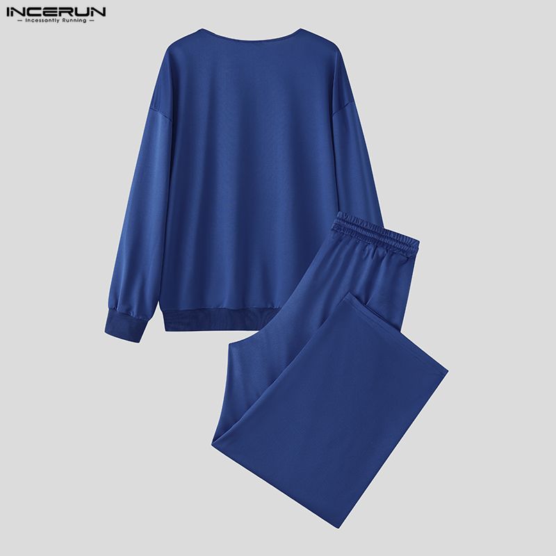 INCERUN 2PCS Men Square Collar Long Sleeve Thin Sweatshirts Long Pants Sports Sets