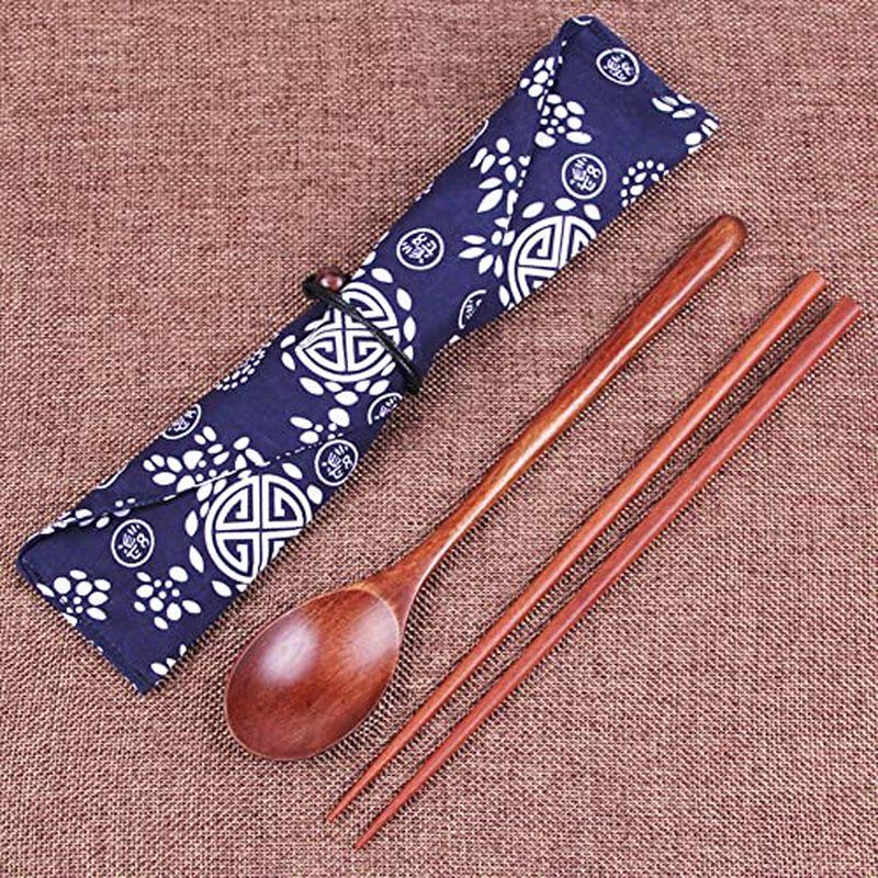 Chinese Chopsticks Tableware Wooden Cutlery Sets With Spoon Fork Cloth Bag Environmentally Friendly Travel Portable