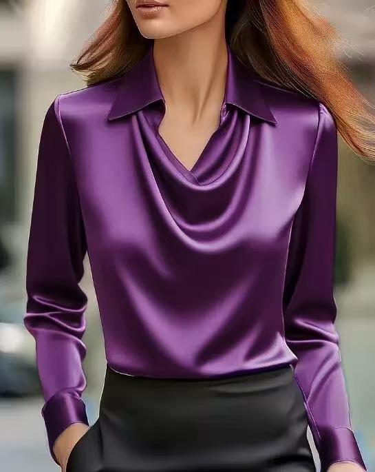 Women Satin Cowl Neck Blouse Long Sleeve Turn‑Down Collar Elegant Office Work Shirt Top S‑3XL