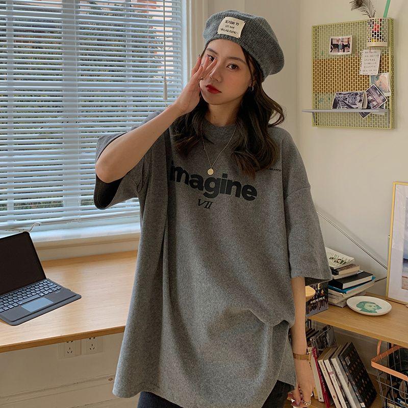 

Хлопковая корейская летняя новая американская свободная футболка с короткими рукавами и принтом в стиле ретро, повседневная базовая рубашка XL серый