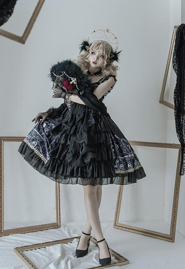 Gothic Lolita JSK Jumper Skirt with Ribbon and Sickly Gothic Mori Idol Size M [XHSUKADO] Lace, Lace-Up, Women's Dress, Cute, Ruffled, Style, Girl,
