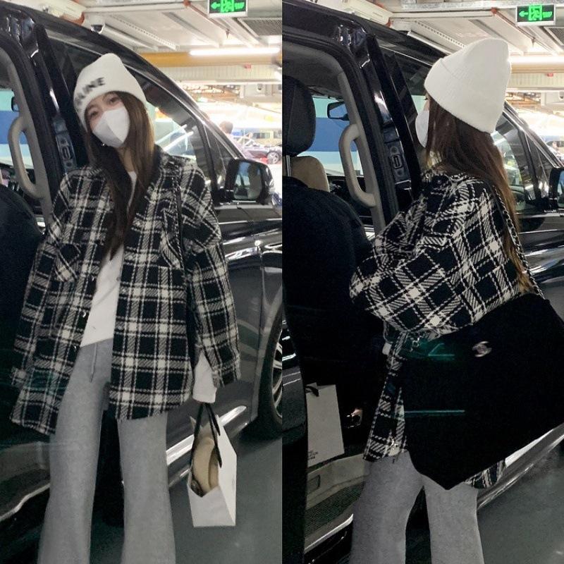 Women's Autumn/Winter Plaid Jacket - Korean Style Slimming Loose Fit POLO Collar Long Sleeve Shirt