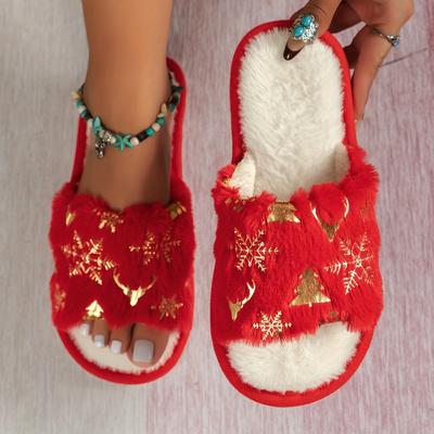 Christmas Plush Open-toe Cotton Slippers, Warm Indoor Home Plush Slippers