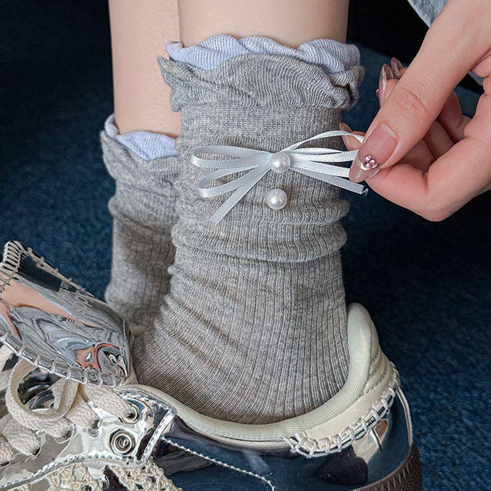 Cute Bow Socks Sweat Absorption Ruffle Socking New Mid Tube Socks  Spring and Autumn