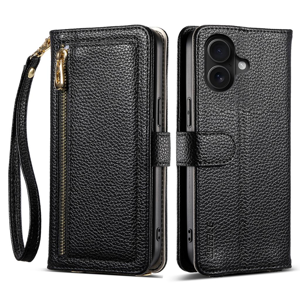 ESEBLE E11 For iPhone 16 Case Zipper Pocket Litchi Texture Leather Phone Cover with Mirror and Wrist Strap