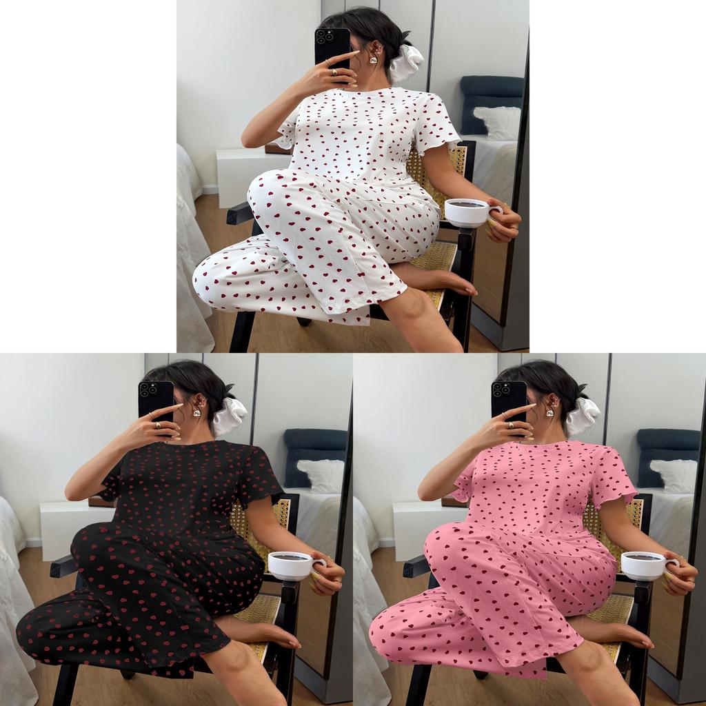 Pigiama in Cotone da Donna con Stampa a Cuore Comodo Set Loungewear per Casa e Viaggio
