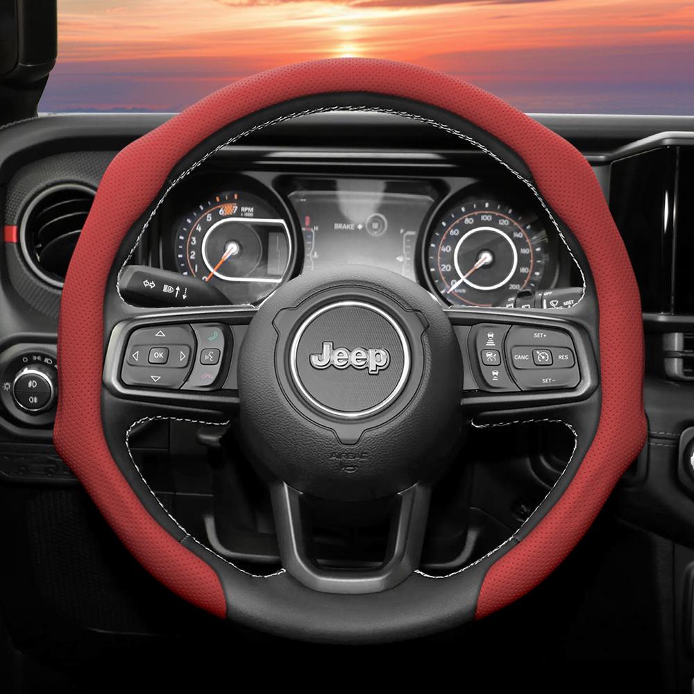Suitable for Jeep Perforated Leather Steering Wheel Cover, Non-Slip, Sweat-Absorbent, Breathable, Integrated Snap-On Protective Case for Wrangler