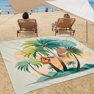 1PC Outdoor Beach Blanket, Green Coconut Tree Print, Portable Printed Beach Mat, Easy To Clean, 100% Polyester Fabric