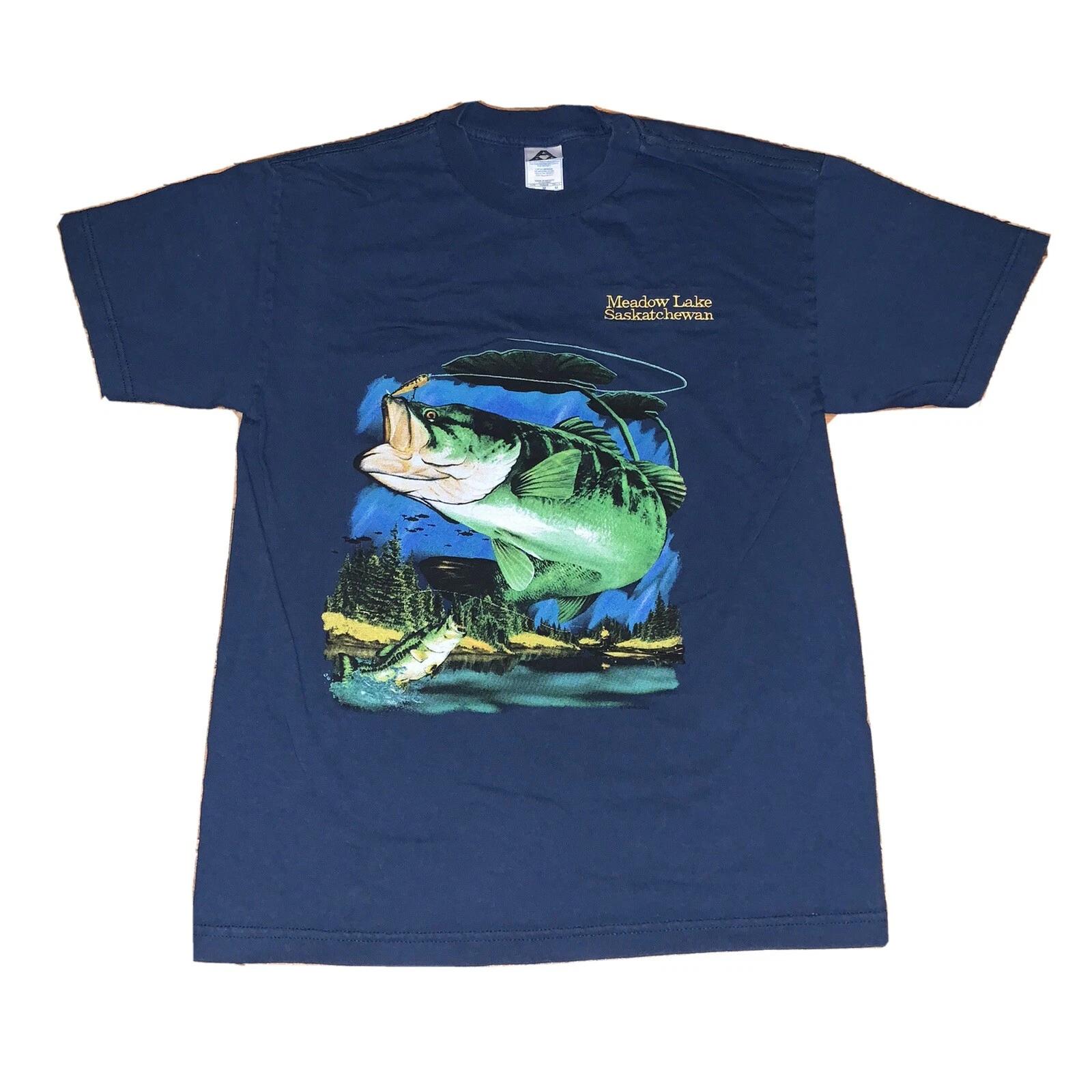 

Meadow Lake Saskatchewan Large Mouth Bass Fishing Fish Embroidered Shirt Size M 4XL