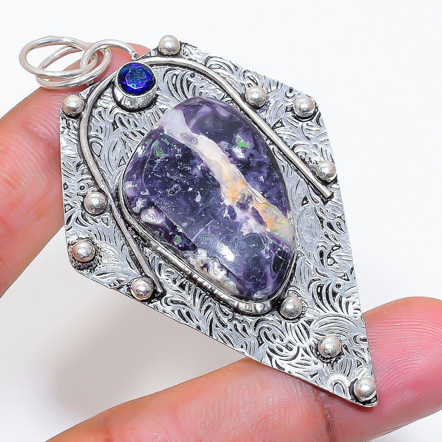 Natural Tiffany Stone, Iolite 925 Sterling Silver Jewelry Pendant 2.96" ZS-792