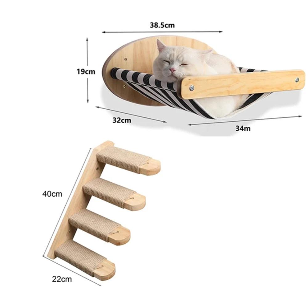 Massivholz Katzenklettergerüst Wandmontiert mit Kratzstange Wandspielzeug Nistplatz Sprungplattform und Holztreppen Regalen