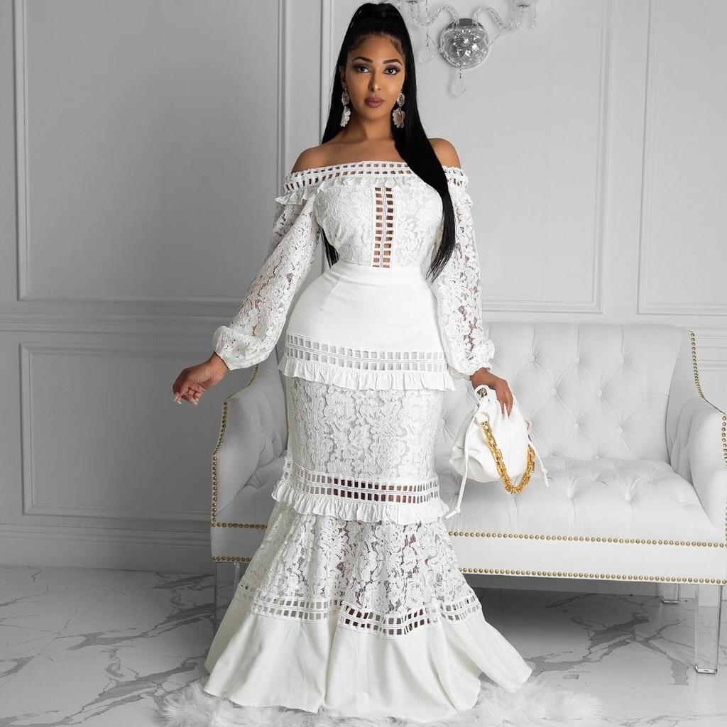 2026 Cross-border Spring and Summer New European and American Women's Lace Dress One-word Shoulder Lotus Leaf Wedding Dress Evening Dress Banquet