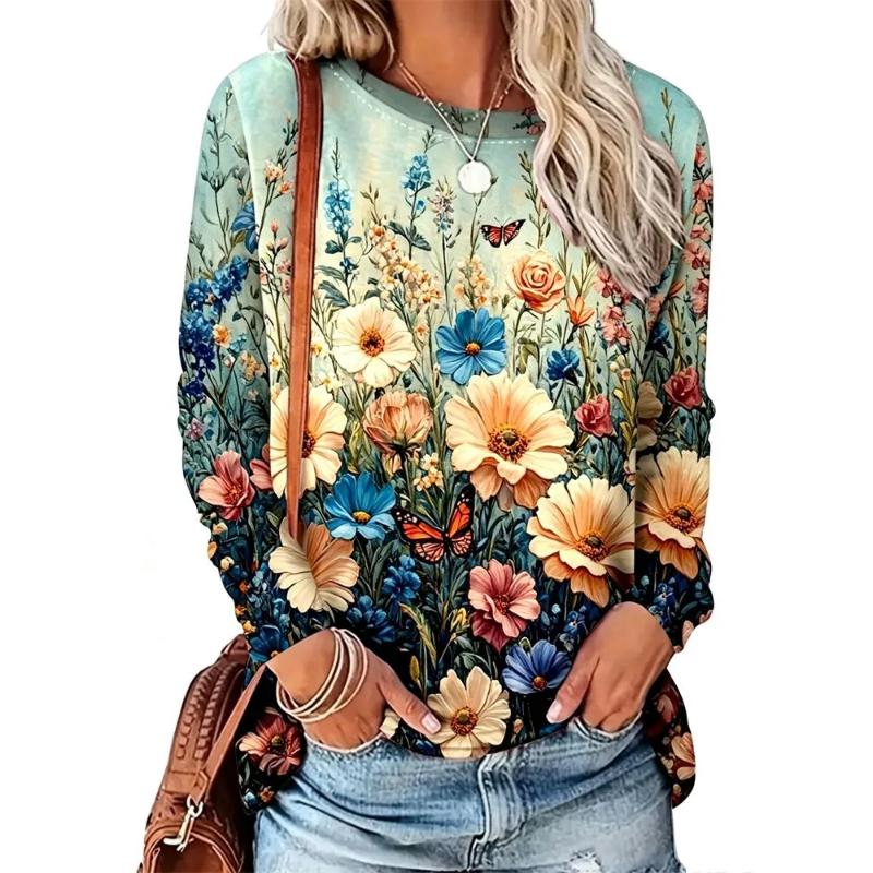 Fashion Women's Crew Neck Long Sleeve 3D Casual Color Printing Casual Long Sleeve Crew Neck T-Shirt
