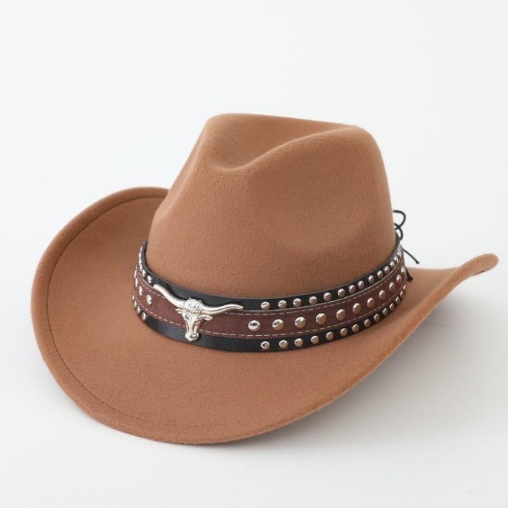 Wide Brim Western Cowboy Hat Ox Head Decorative Studded Leather Cap Tibetan Style Top Hat  Party