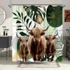 Exotic Highland Cattle Bath Curtain - Tropical Leaves & Gold Accents, Waterproof Home Decor Adds Unique Style to Your Bathroom