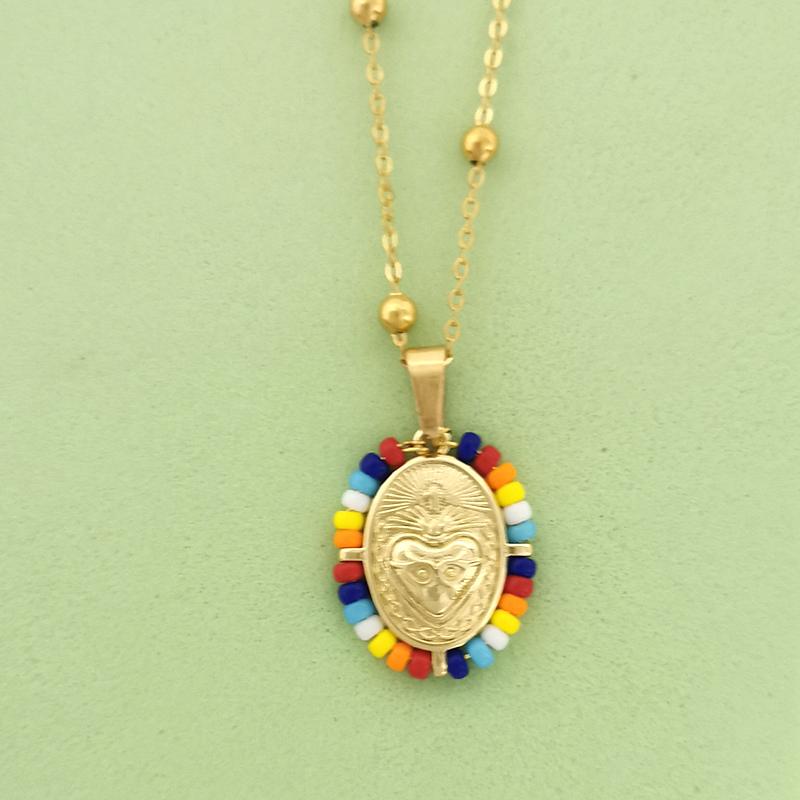 QMHJE Virgin Mary Pendant Charm Necklace Women Cross Scared Heart Jesus Choker Seed Beads Stainless Steel Chain Gold Color Mom