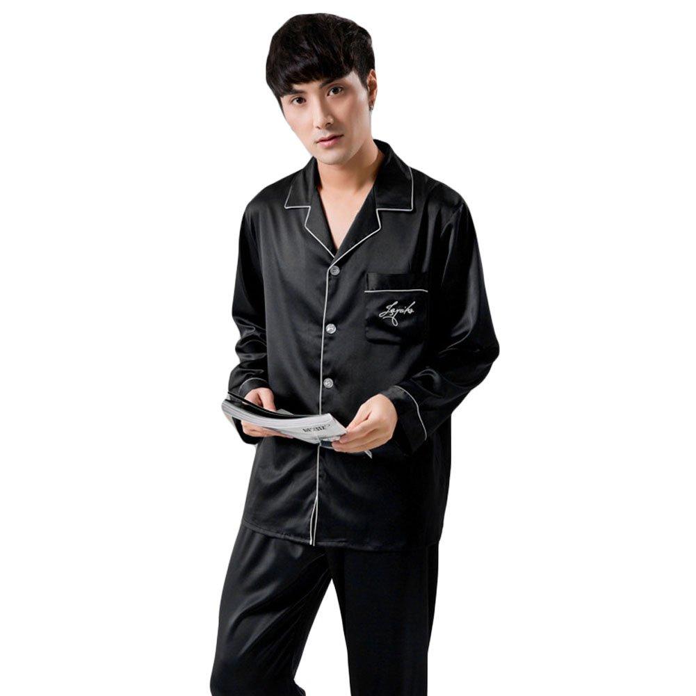 Chian Silk Long Top and Bottom Size XL Men's Pajamas, Loungewear, Sleeve, Open-Front, Set, Moisture-Wicking, Breathable, Black,