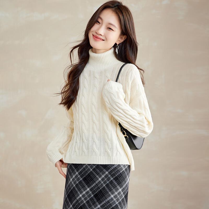 Srcr Women's 100% Wool Turtleneck Cable Knit Sweater