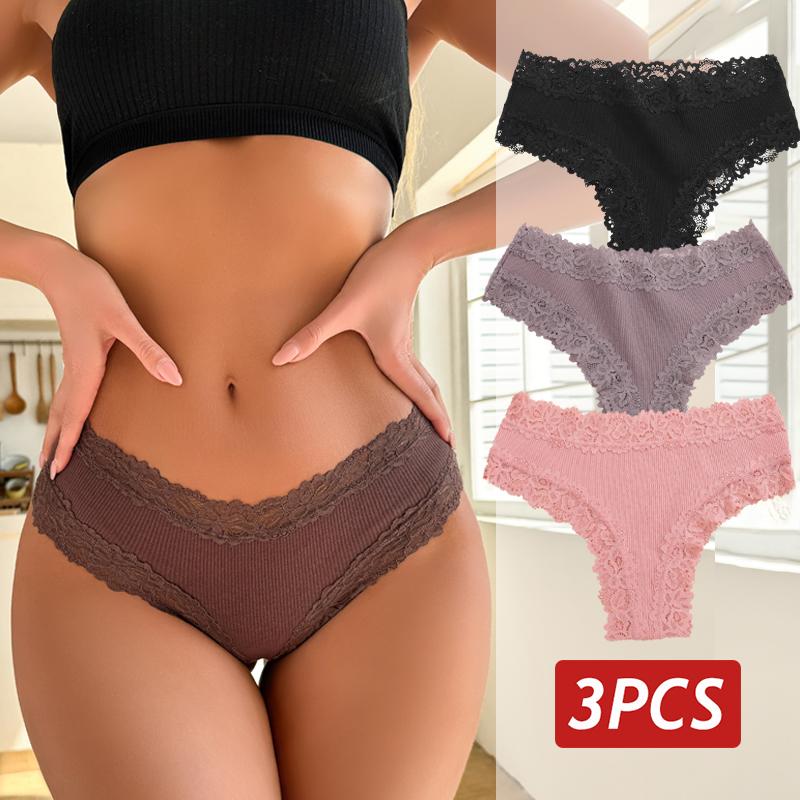 3PCS/Set Sexy Lace Panties for Women Cotton Brazilian Panties Female Low Rise Breathable Underwear Solid Colors Floral Lingerie
