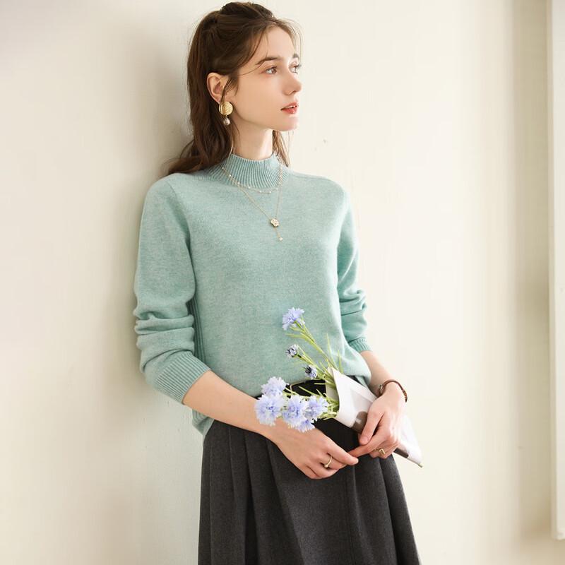 TUHUANG Women's Seamless Pure Wool Mock Neck Sweater