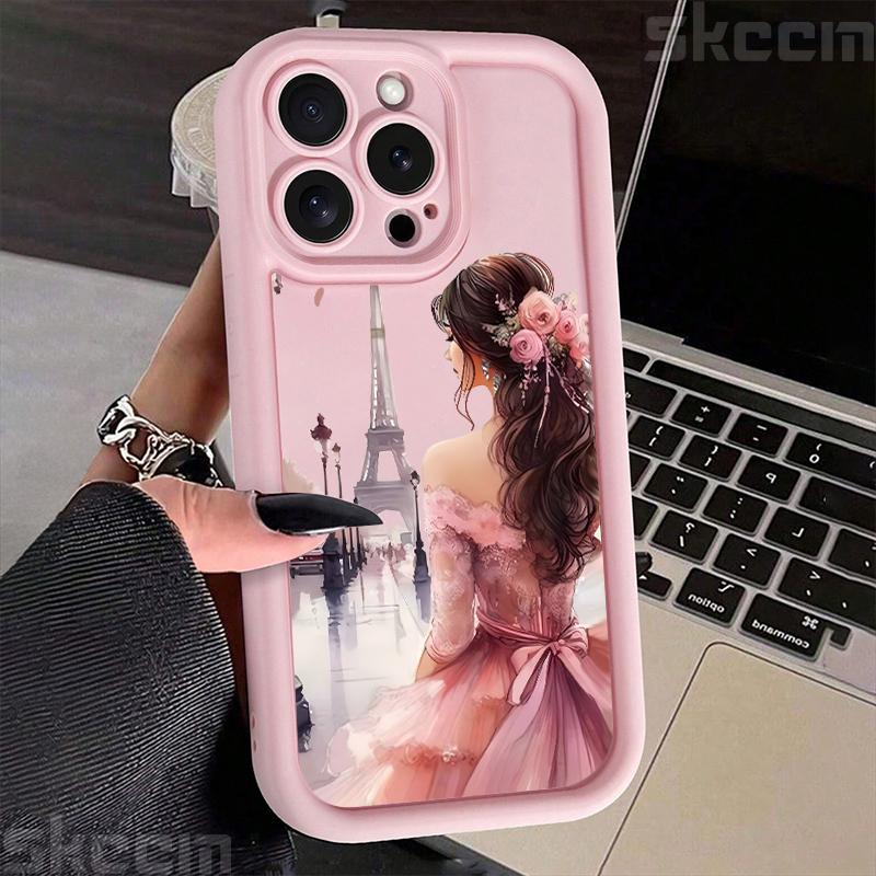 Pink Girl Flower Pattern Phone Case For iPhone 16 15 Pro Max 16E 14 13 12 11 XS X XR 7 8 Plus Shockproof Silicone Soft Cover