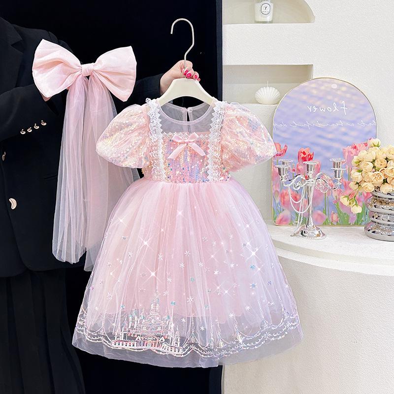Girls' Puff Sleeve Mesh Princess Dress – Fashionable Summer Style