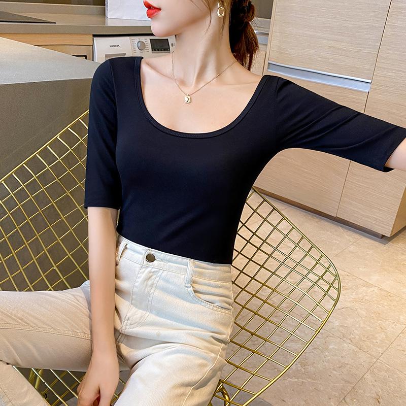

Mid-sleeved T-shirt Women s New Style of Front Shoulder Slim Short Top Autumn Dopamine Dress S чорний