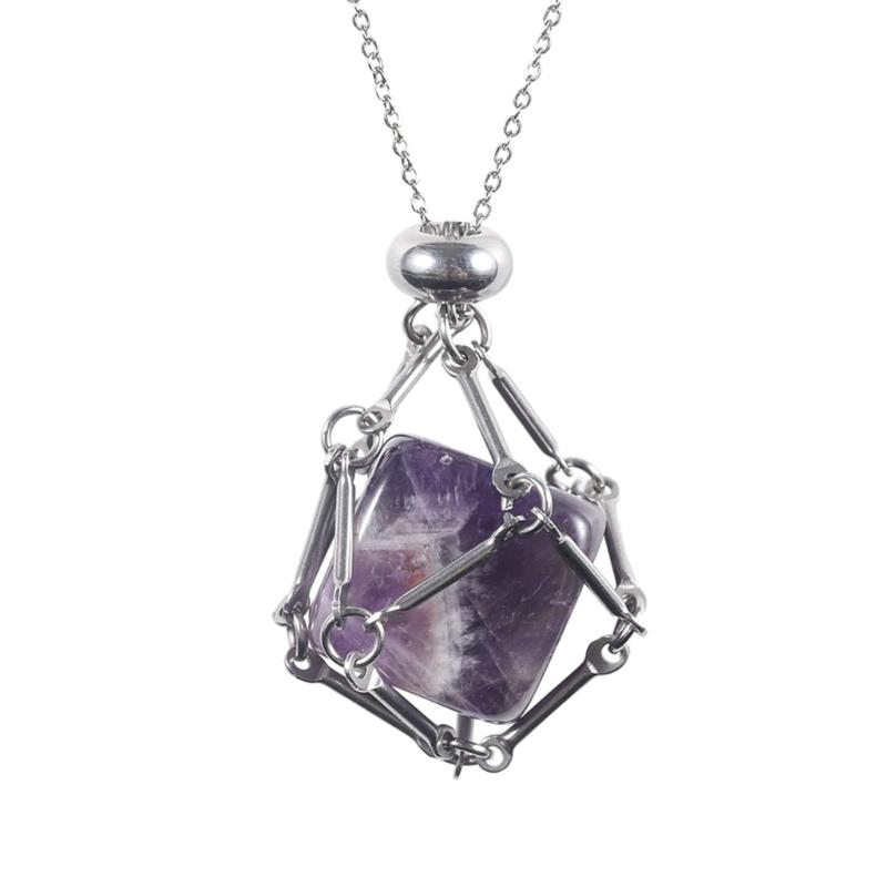 Handcrafted Square Crystal Pendant Necklace With Flexible Bamboo Link Chain And Secure Mesh Cage Setting For Elegant Occasions