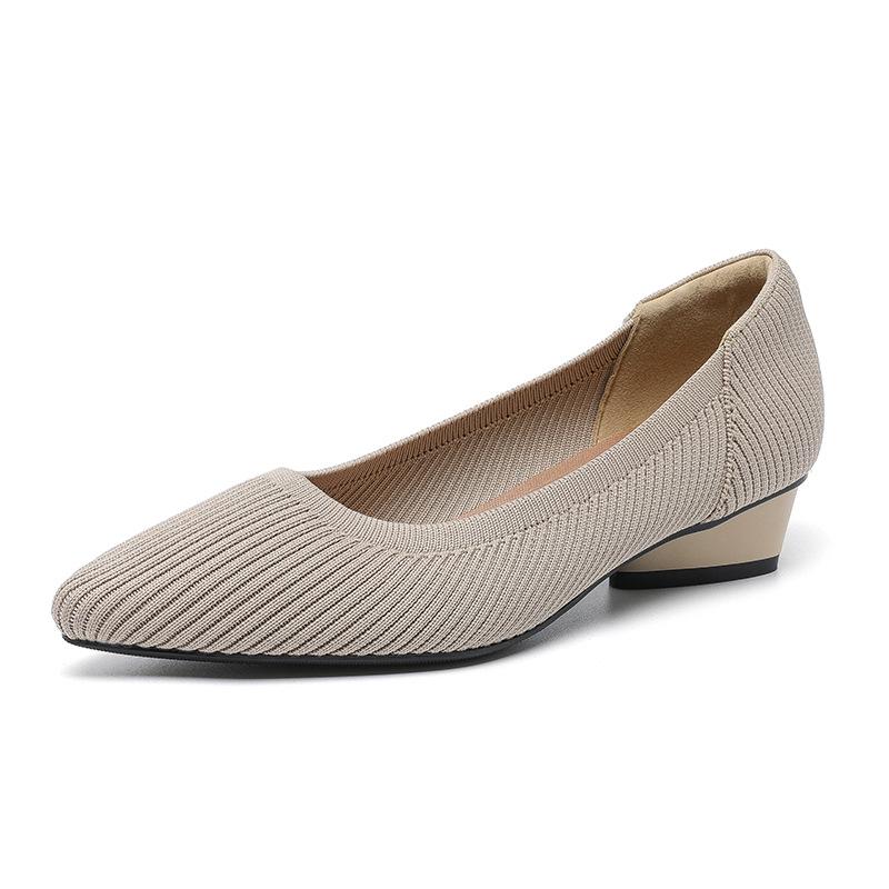B35-3 Pointed Toe Low-Cut Chunky Heel Breathable Plus Size Striped Knit Shoes