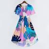 Women's Casual V Neck Short Sleeve Dress Vintage Floral Print Midi Length Lightweight Summer Dress