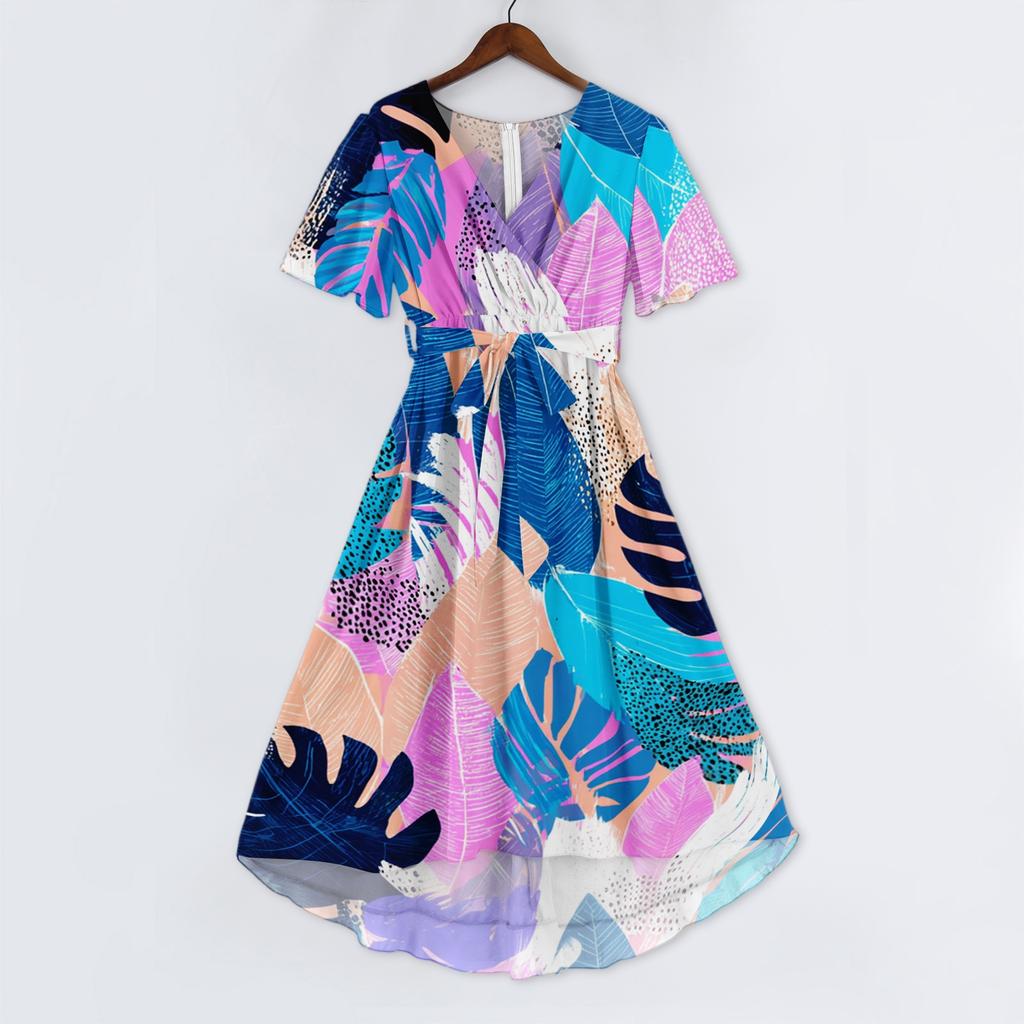 Women's Casual V Neck Short Sleeve Dress Vintage Floral Print Midi Length Lightweight Summer Dress