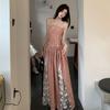 French Retro Red Plaid Tube Top Dress Women's Spring and Summer New Seaside Vacation Style Lace Splicing Long Skirt