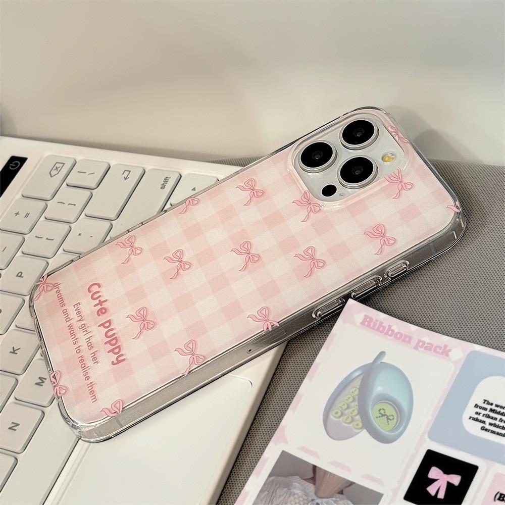 Japanese Style Pink Plaid Bow Phone Case Compatible and Suitable for iPhone15 14 13/12promax